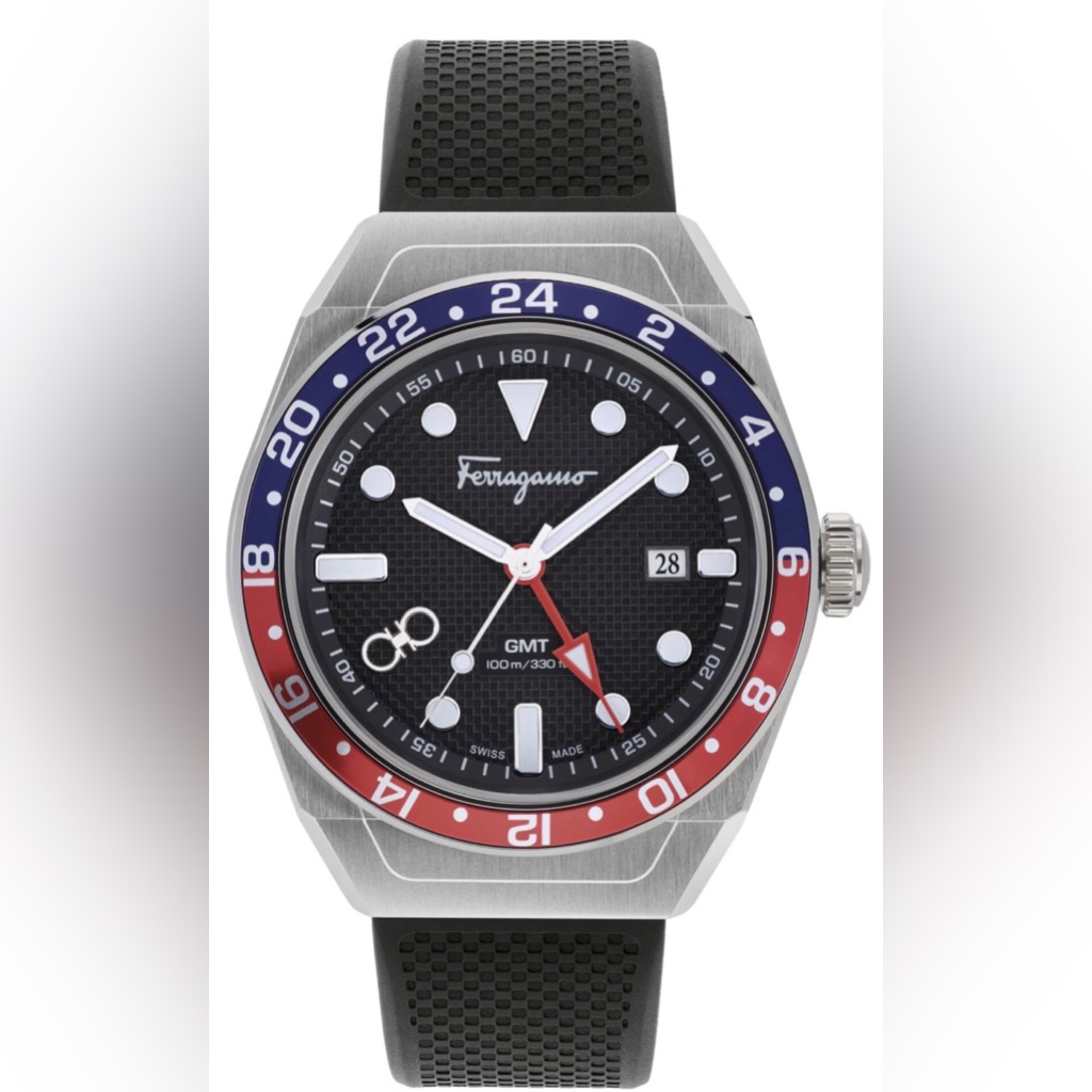Ferragamo Gmt Pepsi Mens Rubber Strap Watch  Black Dial Blue  Red Bezel